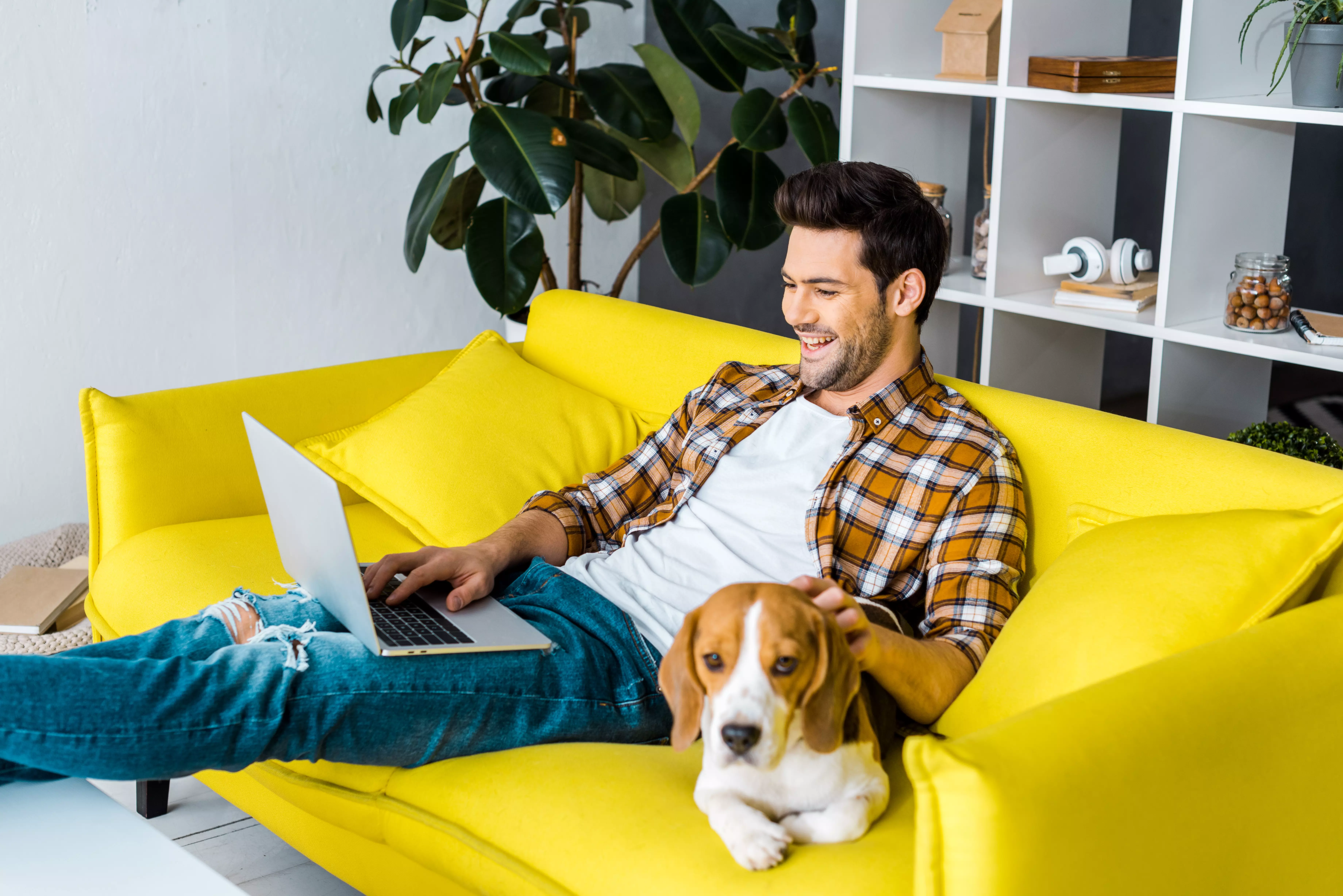 Hombre sonriendo con perro tienda online barata
